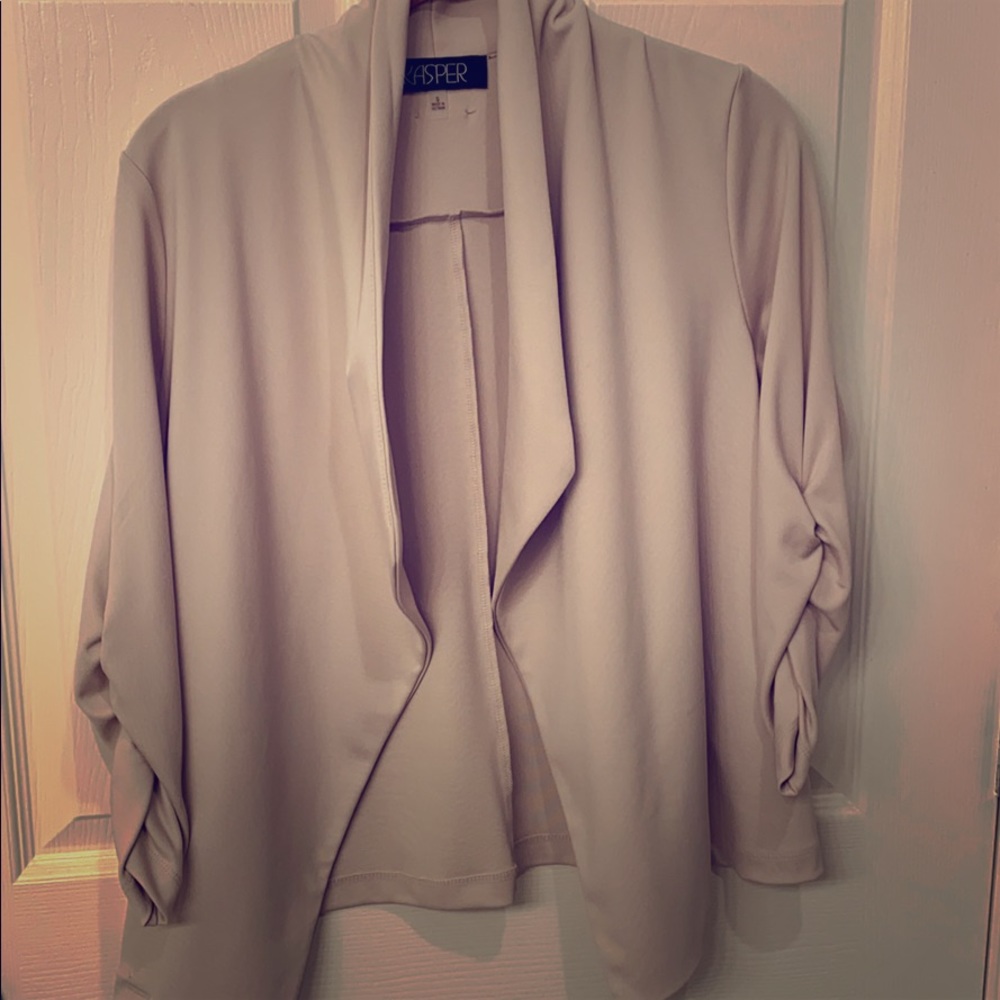 Kasper tan draped blazer with bunched sleeves
